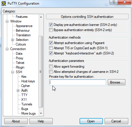 Putty Authentication Menu