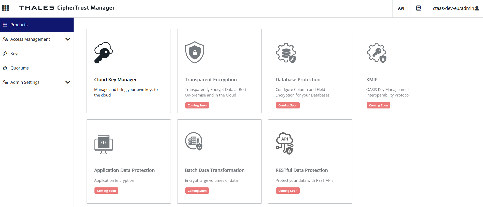 CipherTrust products page, with admin navigation menu on the left and application products in the center