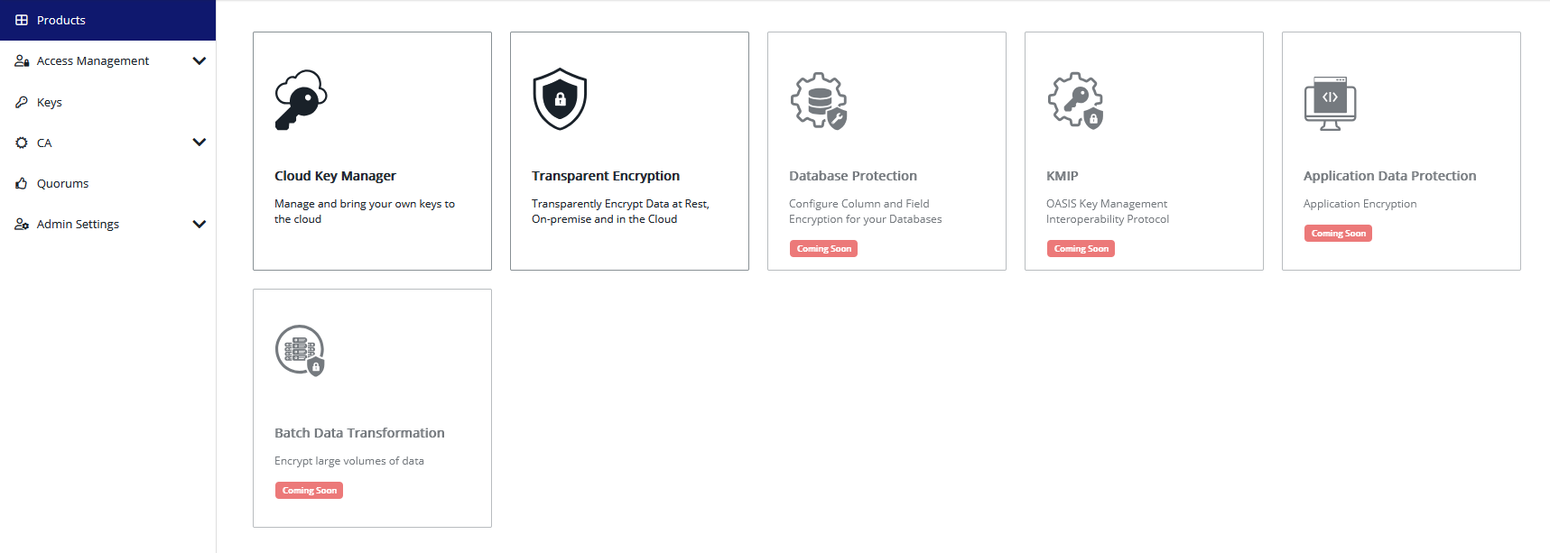 CipherTrust products page, with admin navigation menu on the left and application products in the center