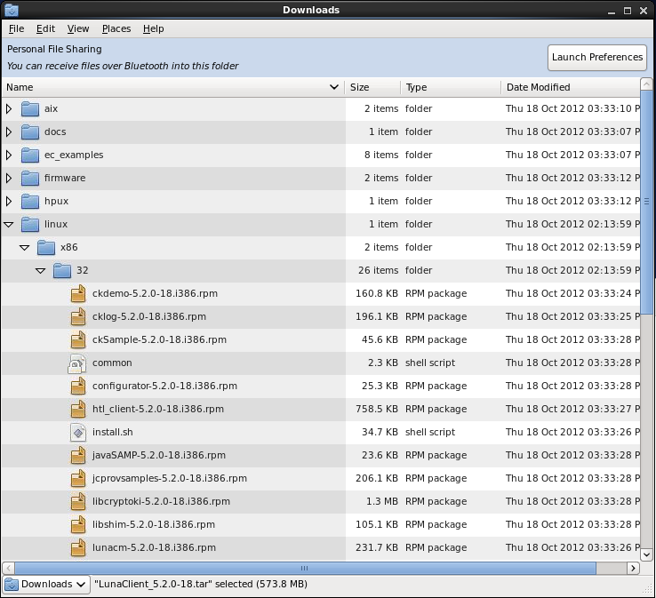 File listing showing the Linux branch expanded File listing of the CD or .tar contents, showing linux > x86 > 32 install files