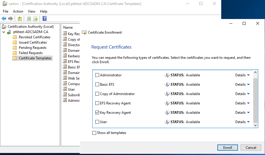 Selecting Key Recovery Agent Certificate