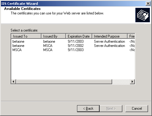 IIS Certificate Wizard - Available Certificates