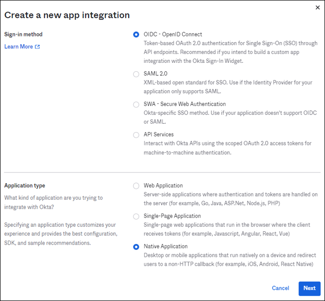 Create new app integration