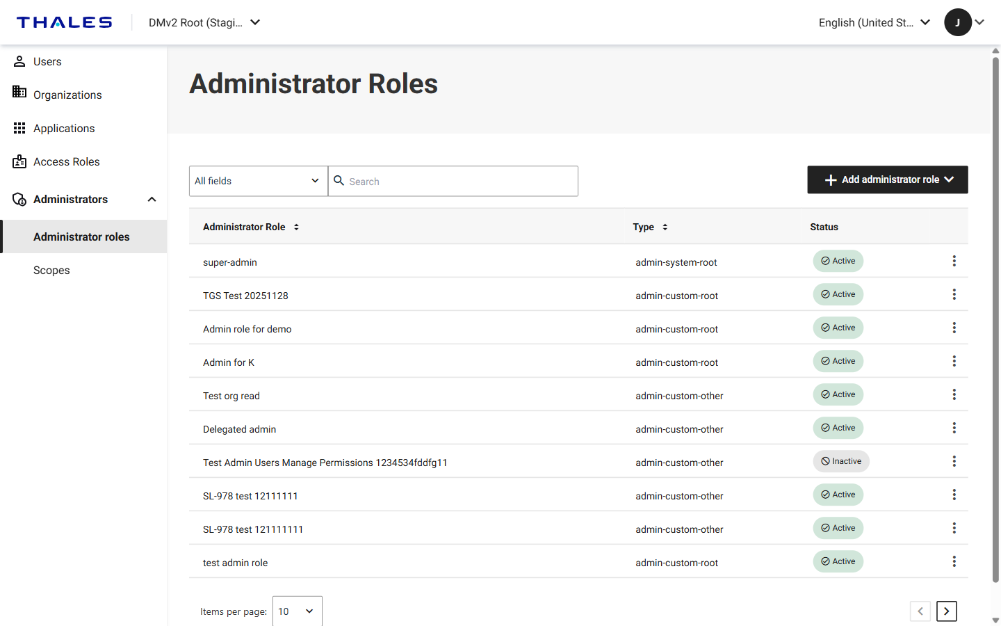 Administrator roles with the Type column