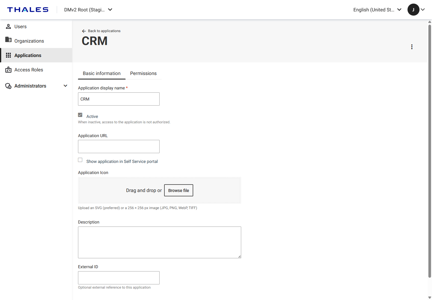 Application fields including URL, Self Service portal, and icon