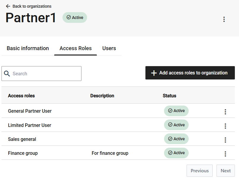 Access roles tab with selected roles