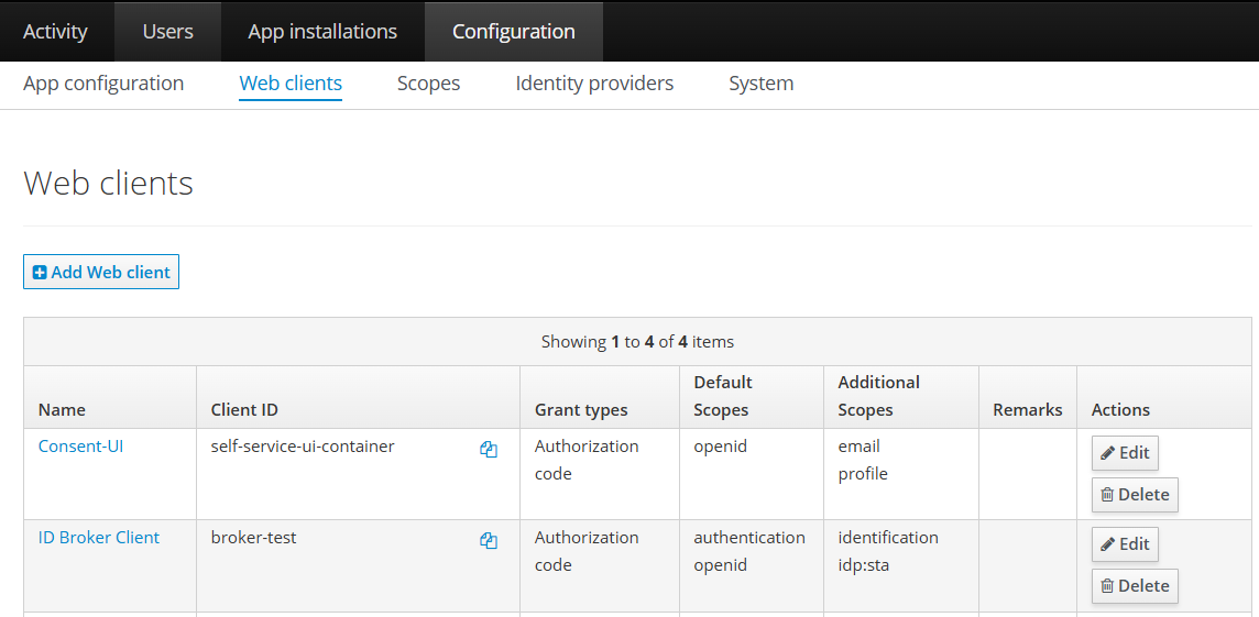 Web clients screen
