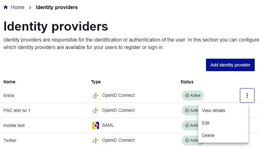 Menu items for IDPs on the Identity providers page