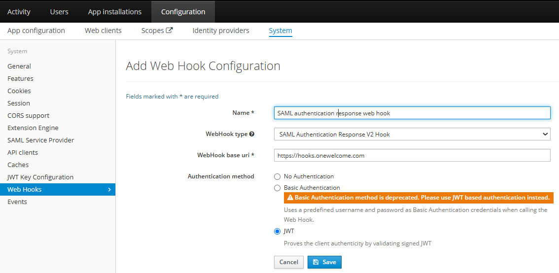 Add Web Hook Configuration screen