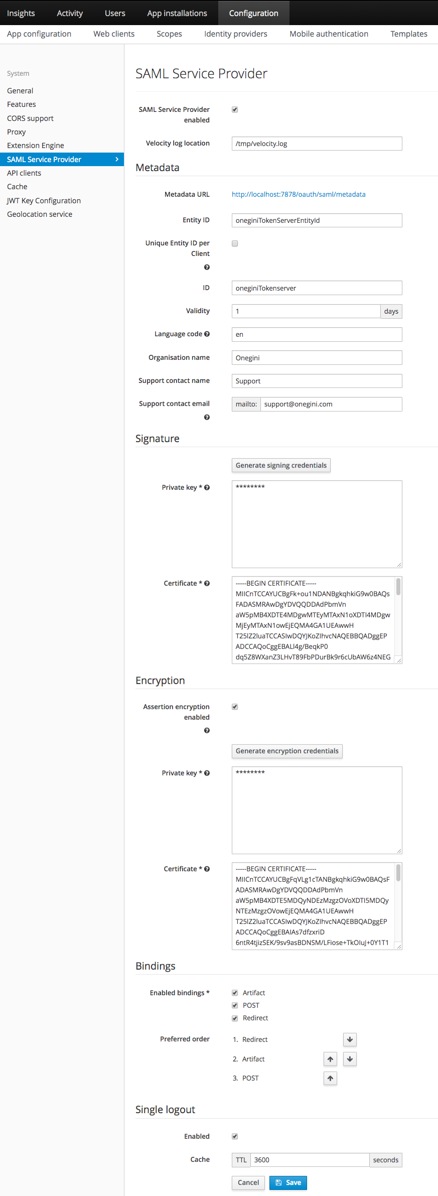 SAML Service Provider Configuration