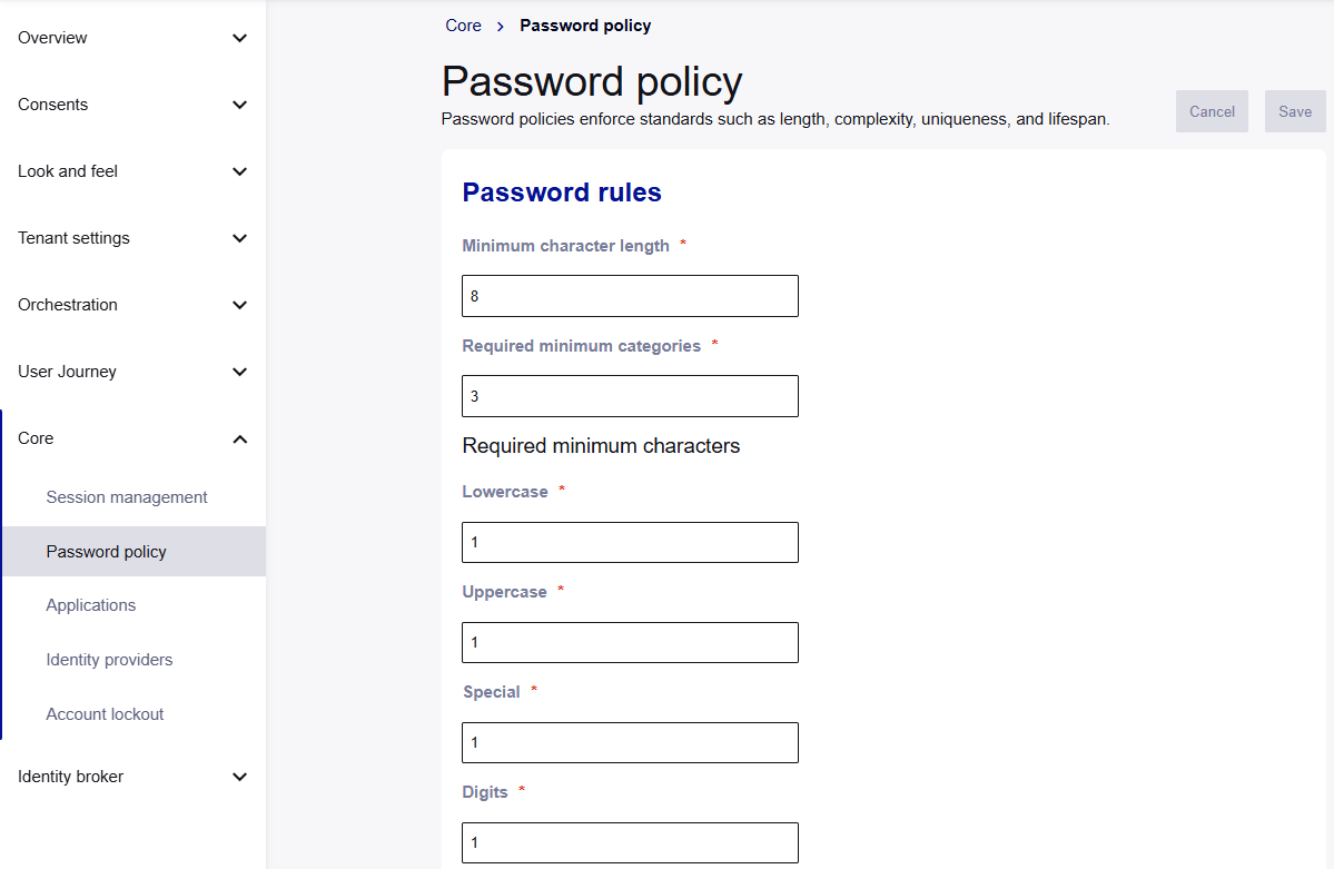 Password policy options on the console