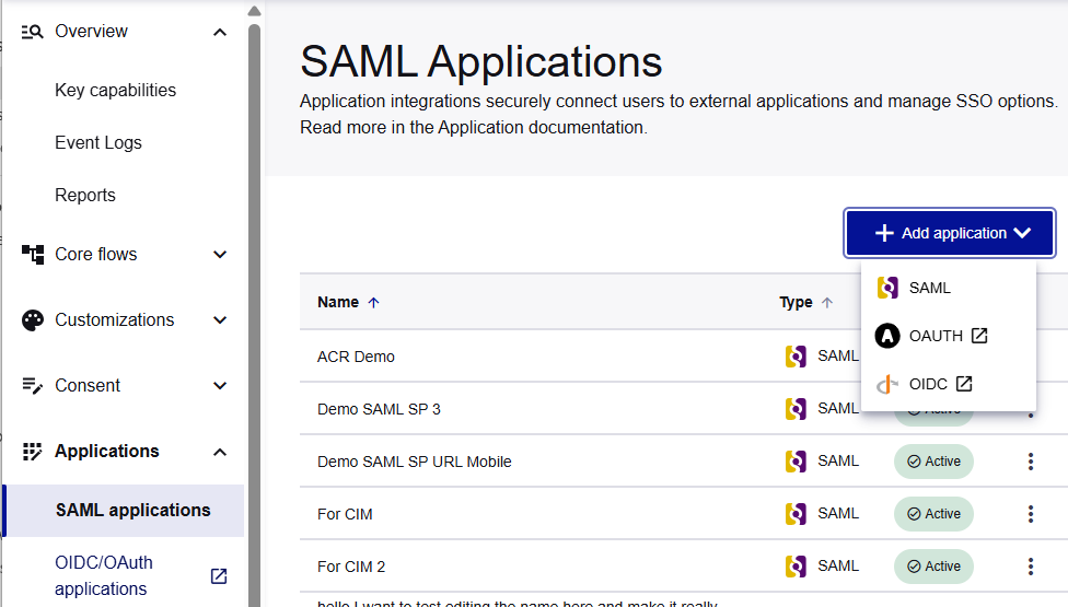 SAML applications on the console