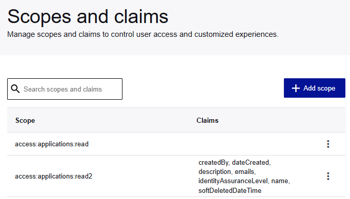 Scopes and claims page