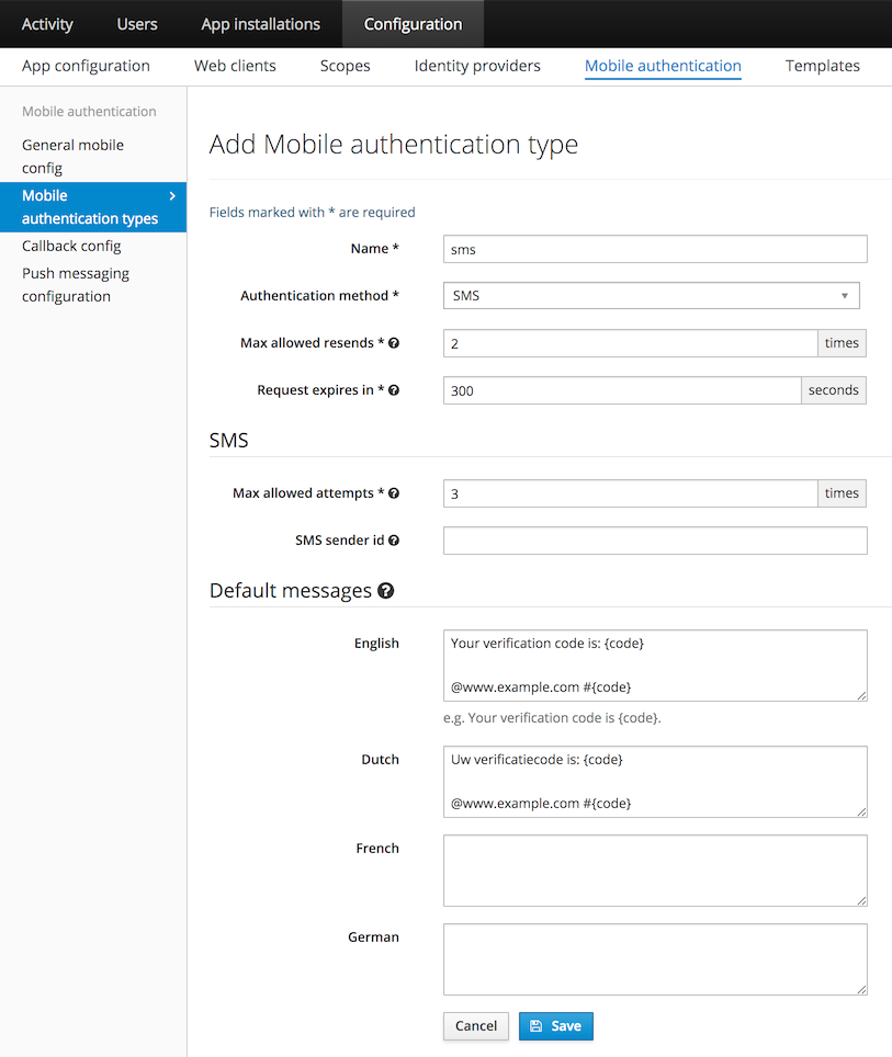 SMS type configuration