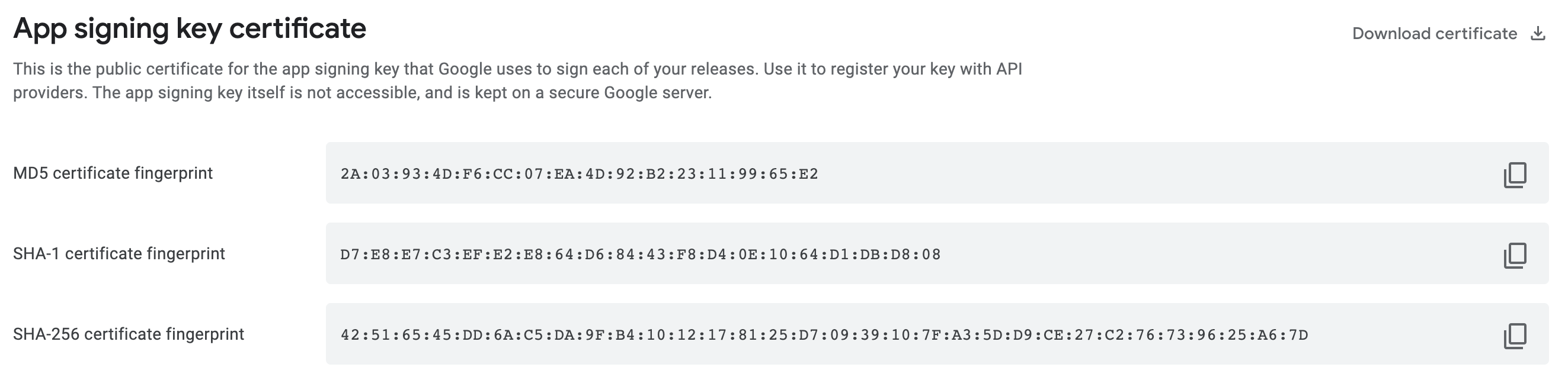 App signing key certificate