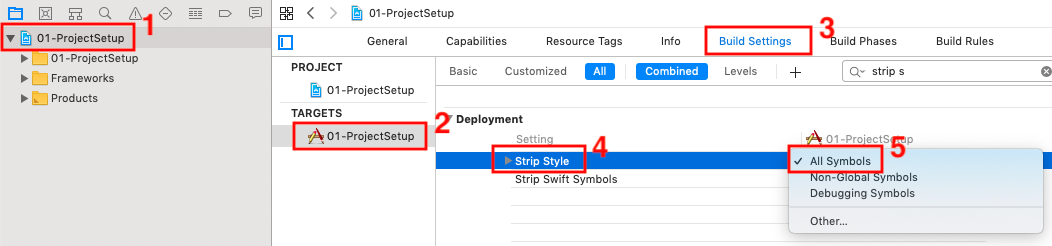 Build Settings > Deployment > Strip Style Build Settings > Deployment > Strip Style