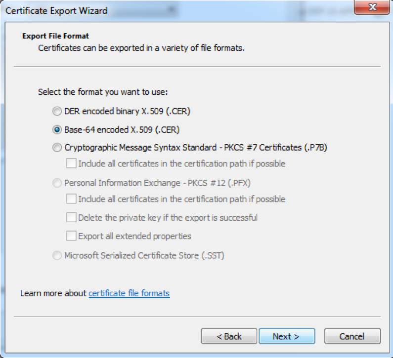 Format of exported certificate