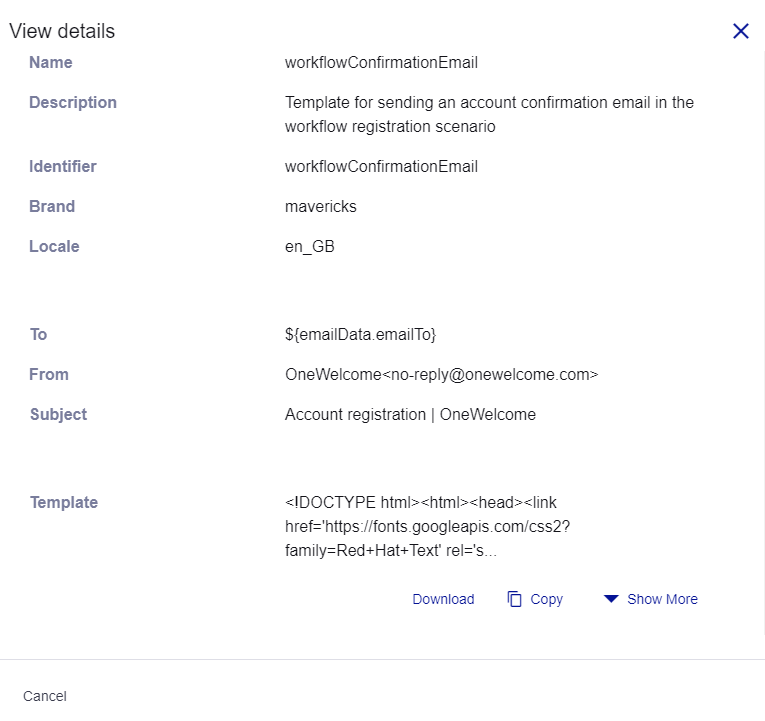 Email template details page