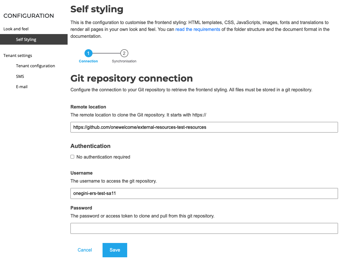 Customer Self Styling connection details