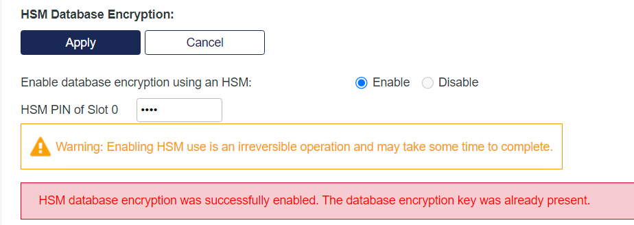 Enable HSM Database Encryption HSM Database Encryption Screen