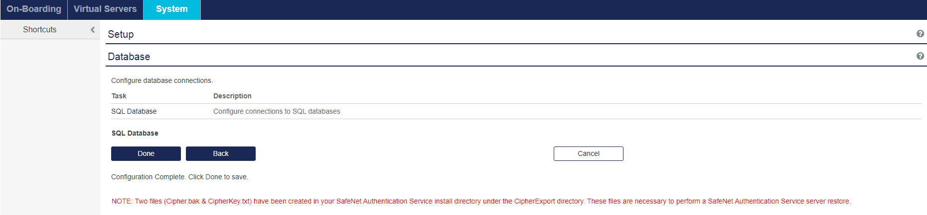 Database Configuration Complete Database Configuration Complete