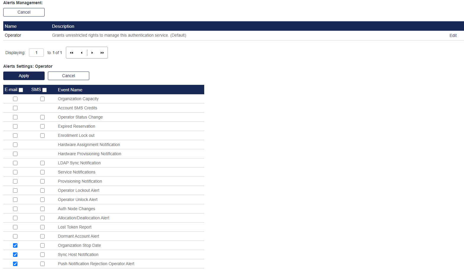 Alerts Settings Alert Management Screen