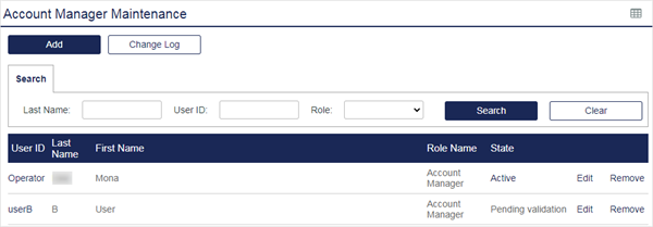 Account Manager Maintenance Tab