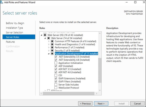 Selectig IIS roles Add Roles and Features Wizard