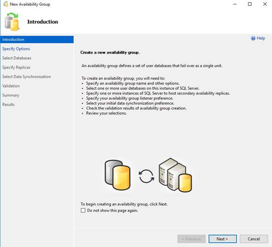 New Availability Group Wizard starts New Availability Group Intorduction Screen