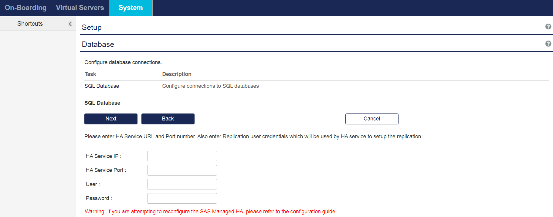 Specify HA service IP and port HA Service Feild