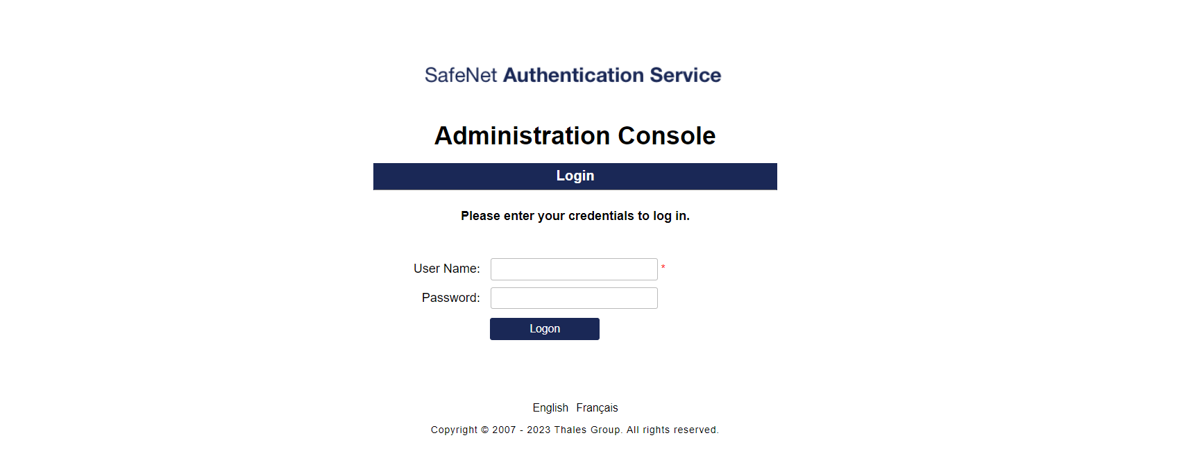 Admin Console Login Admin Console Login Screen