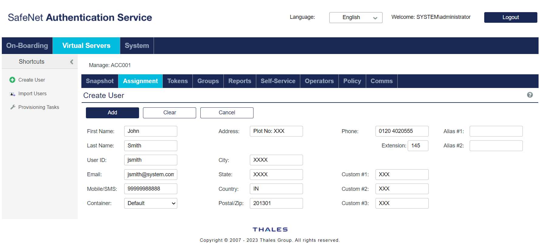 Creating a new User Creare User Screen