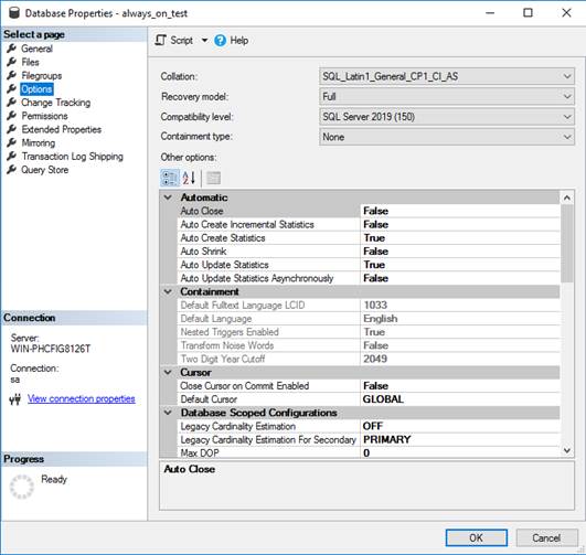 Setting Recovery Model to Full Database Properties Window