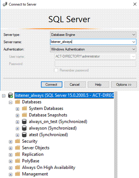 Connecting to the configured Listener Connect to Server Screen