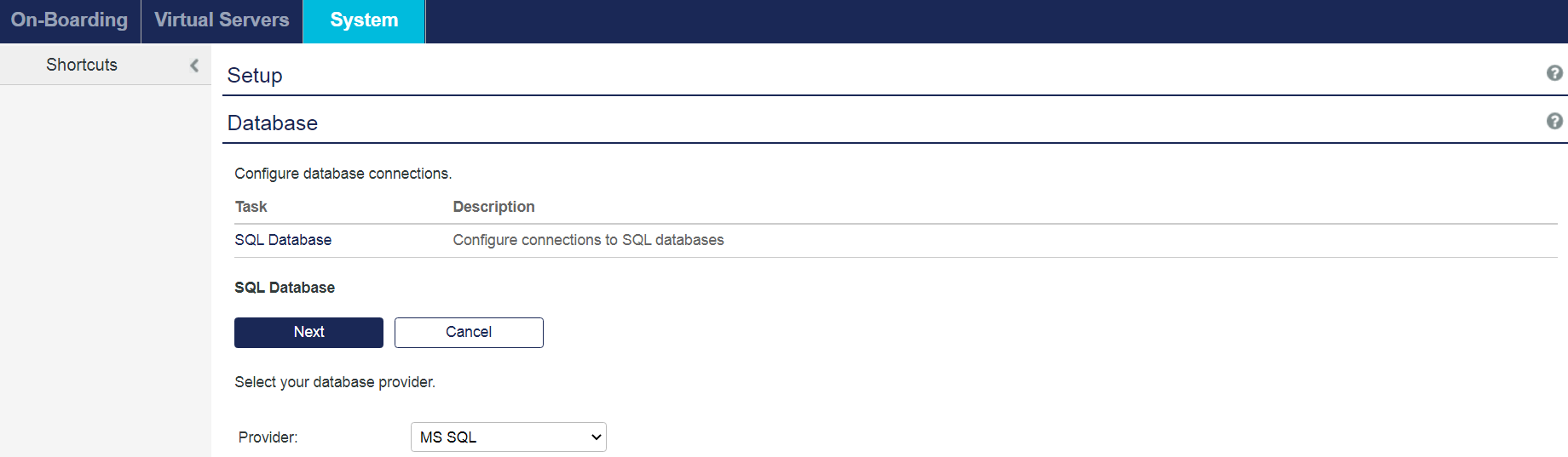 Click SQL database link System Tab
