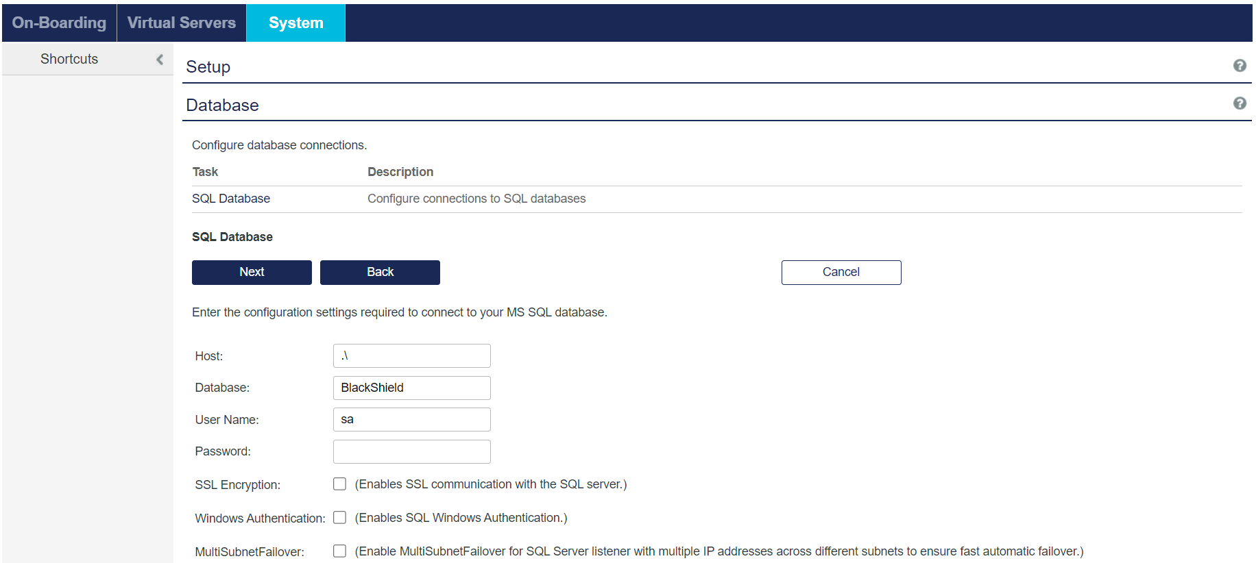 Configure database settings Database Settings