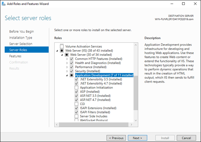Selectig IIS roles Add Roles and Features Wizard