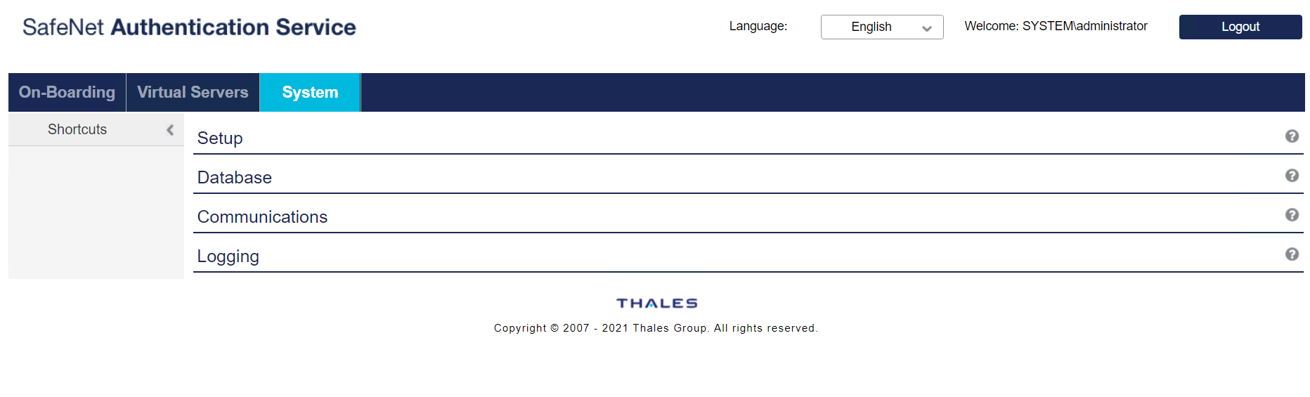 System settings SAS Console Screen