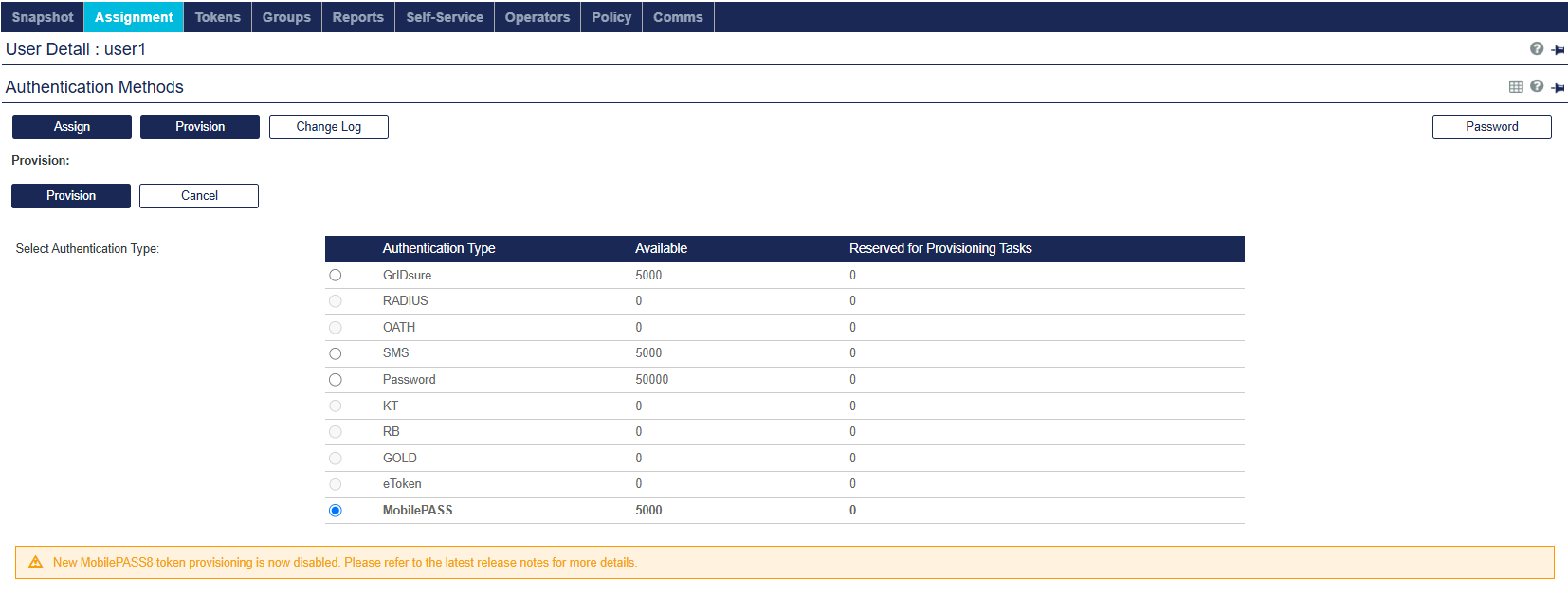 MobilePASS 8 provisioning disabled banner for a single user alt_text