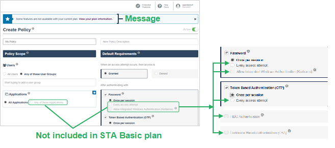 Features that aren't included in the plan are identified