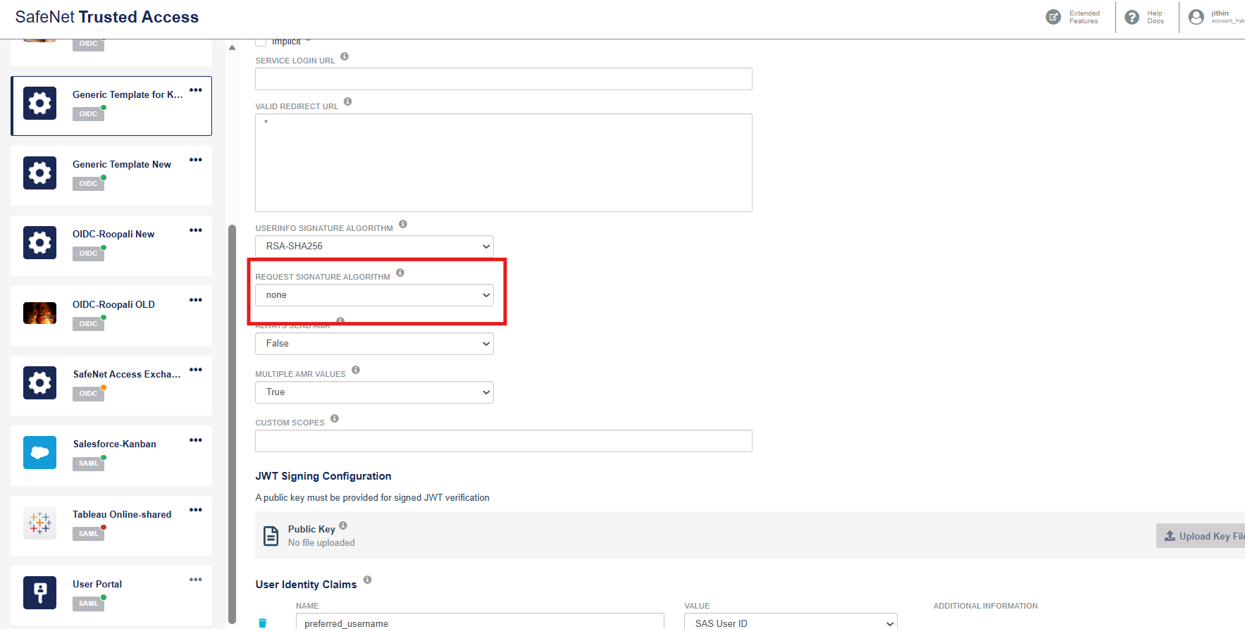 Request Signature Algorithm set to None