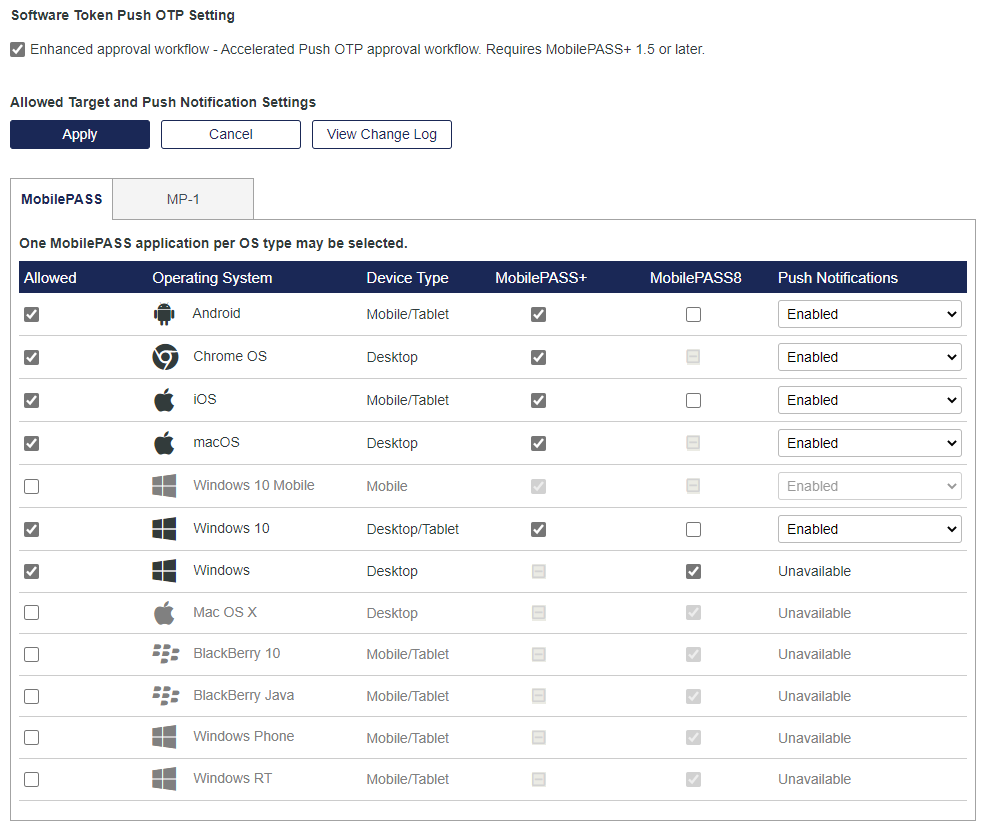 software token and push otp setting