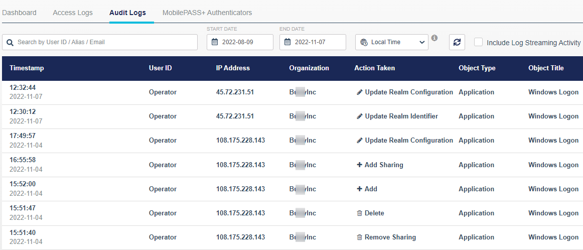 WLA sharing in the audit logs